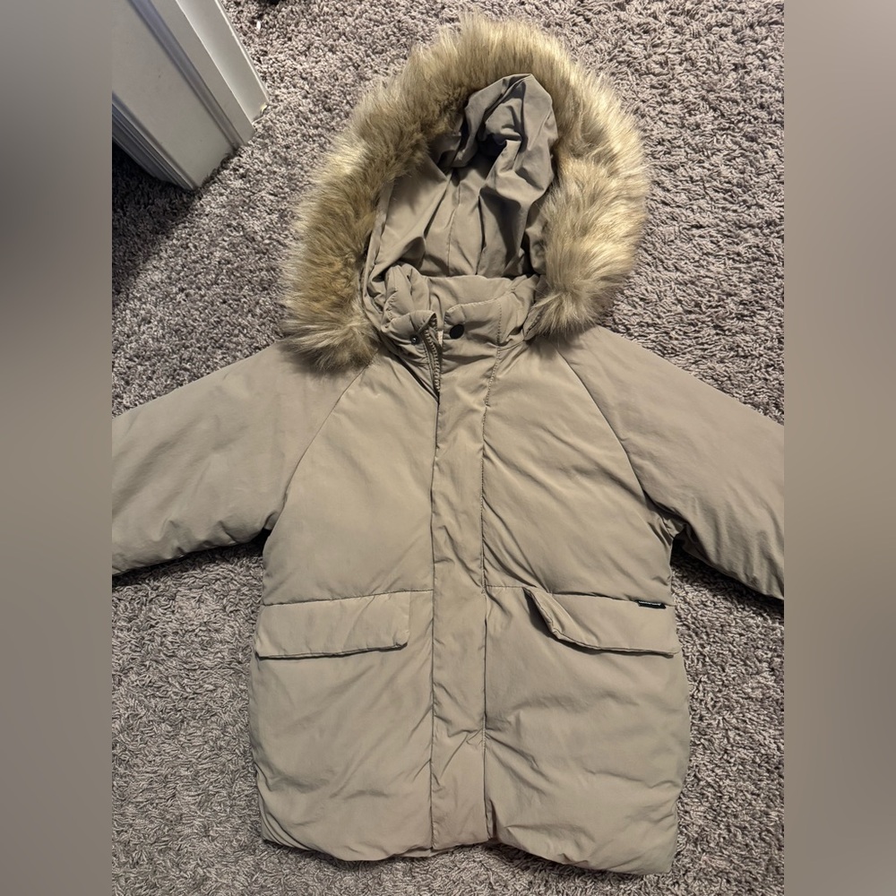 New zara water repellent fur lined  puffer coat Taupe Brown 4-5 years